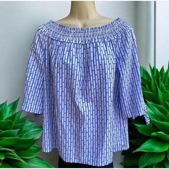 Chic Bardot Blouse Blue White Stripe Off Shoulder Smocked Tie Sleeve Top S - Picture 2 of 16